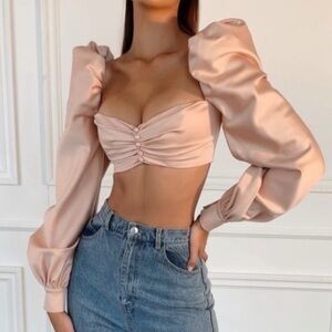 House of CB 'Jana' Blush Satin Puff Sleeve Bralette Top NEW with Tags Medium